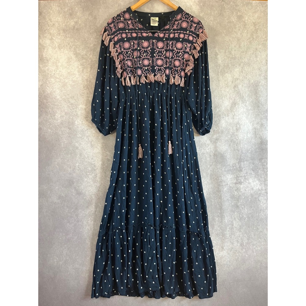 Wrapper Maxi Dress Women Medium Navy Blue Embroidered Tassel Boho Peasant IN2004